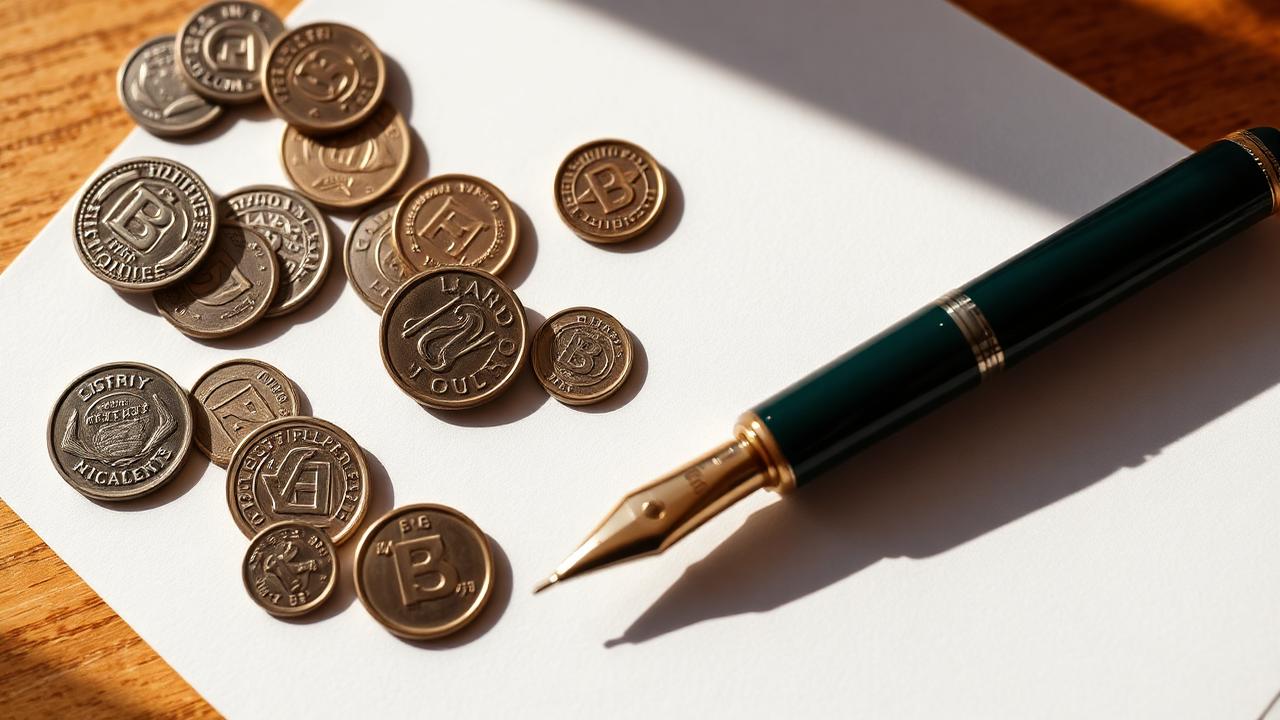 Hardware crypto wallet next to a gold bitcoin coin on white stone